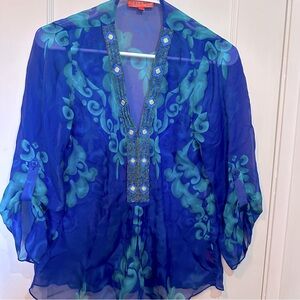 Hale Bob 100% Silk, Blue & Green, Flowy, Beaded V-Neck, Sheer Shirt, Flowy
